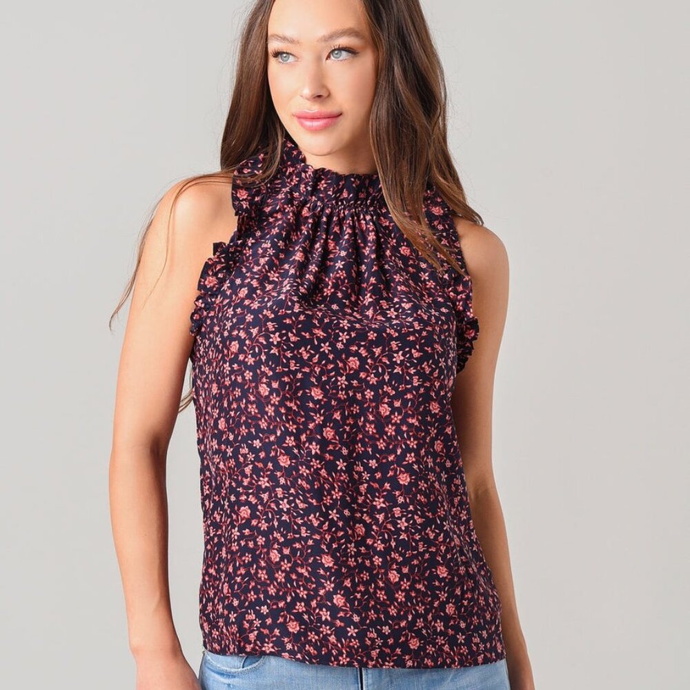 Frame Namu Sleeveless Flounce Top in Navy Floral Size Large